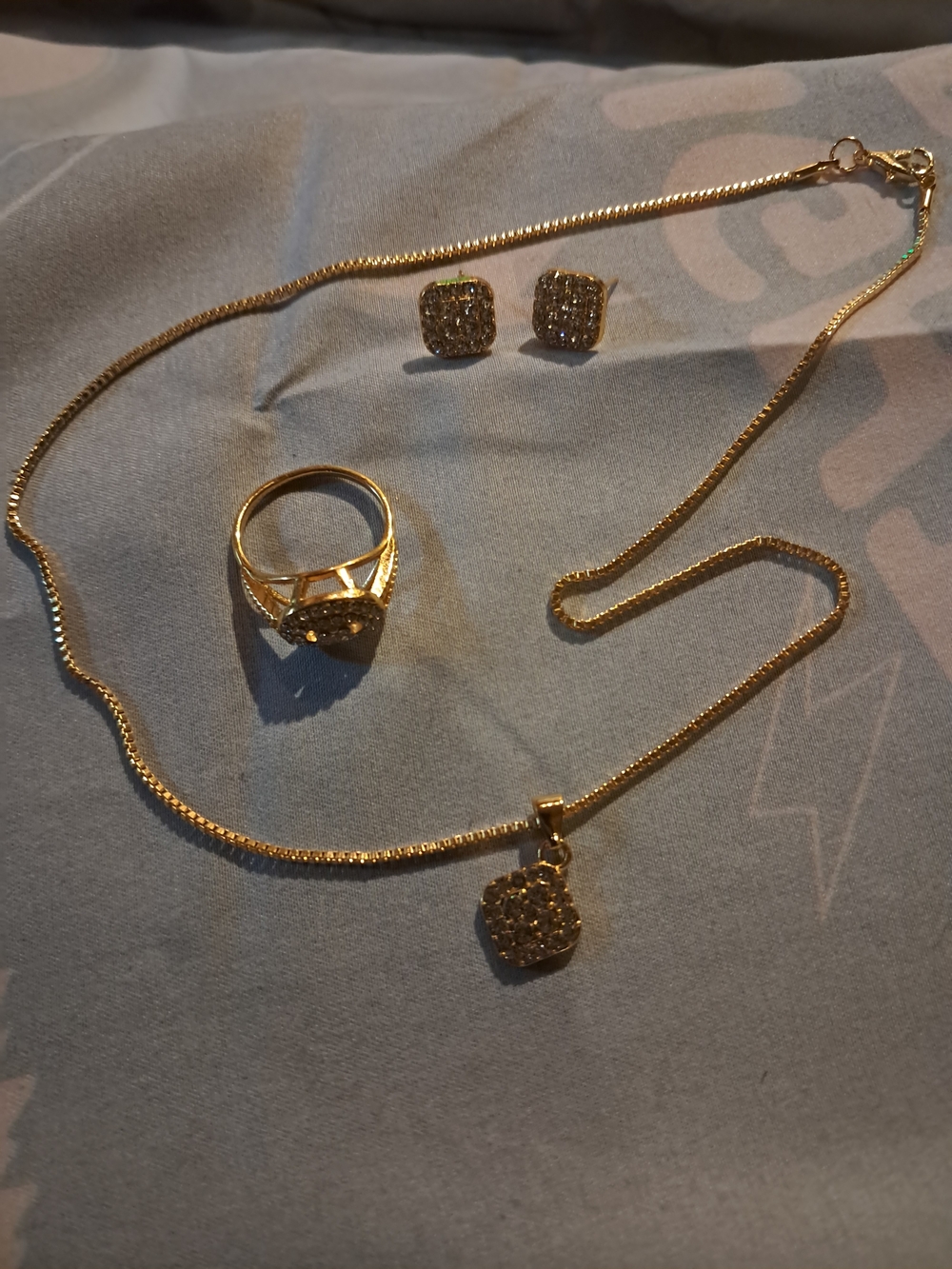 Gold-Tone Pave Pendant Necklace, Ring & Stud Earrings Set - Unbranded